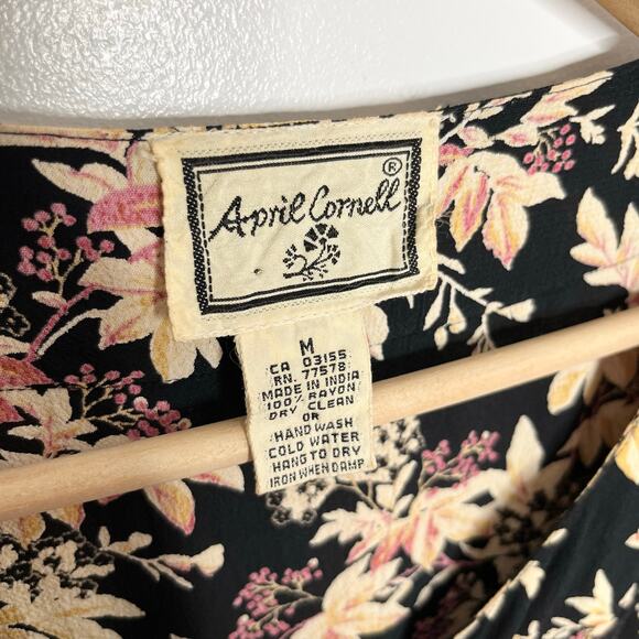 Vintage April Cornell Women Midi Dress Medium Black Floral Tie Back Button Front - Picture 5 of 9